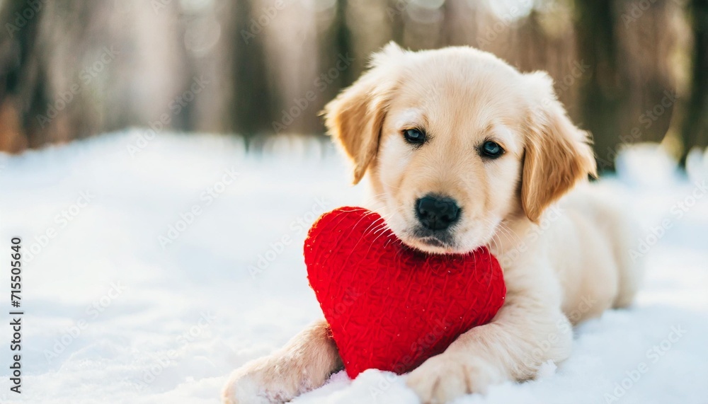 cute dog and valentine golden retriever puppy playing with red heart in ...