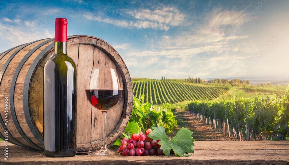 wine bottle and glass of wine with barrel on vineyard background