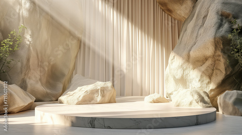 white cylinder pedestal. Minimal scene for product display presentation. curtain and foliage It's a component in the scene.