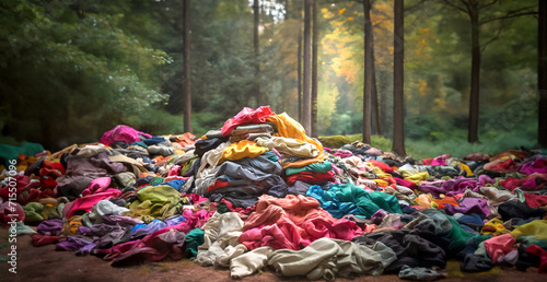 Stampa su tela 森に不法投棄された膨大な洋服のイラスト　「AI生成画像」