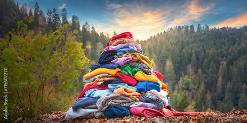 山積みに廃棄された洋服と自然 SDGsイメージイラスト 「AI生成画像」