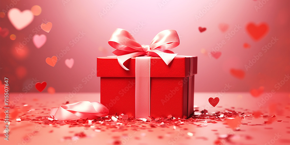 Gift box wrapped ribbon bow with red hearts and confetti. Happy St Valentines Day, Mothers Day, birthday concept. Gift box wrapped ribbon bow with red hearts and confetti. Happy St Valentines Day, Mothers Day, birthday concept.