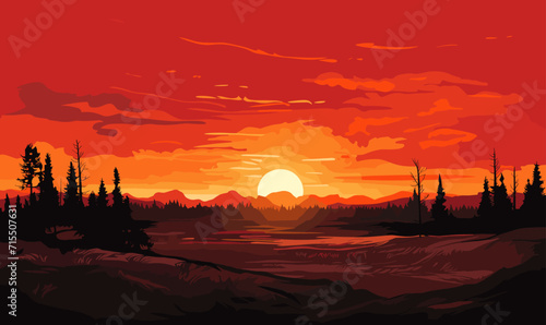 fiery sunset over a prairie vector simple 3d smooth isolated illustration