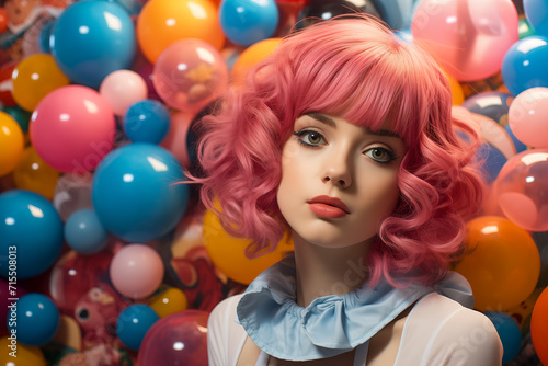 Young girl with pink hair, close-up portrait with space for text.