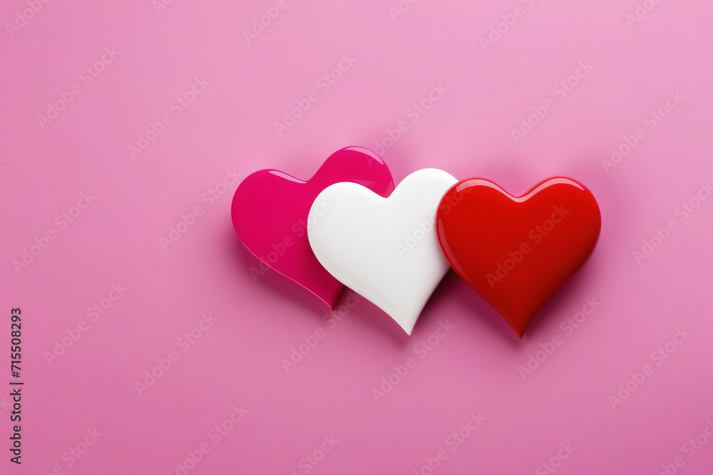 Three hearts of red, white, and pink sit side-by-side against a soft pink background. A simple and sweet symbol of love for Valentine's Day, weddings, or any day you want to spread love.