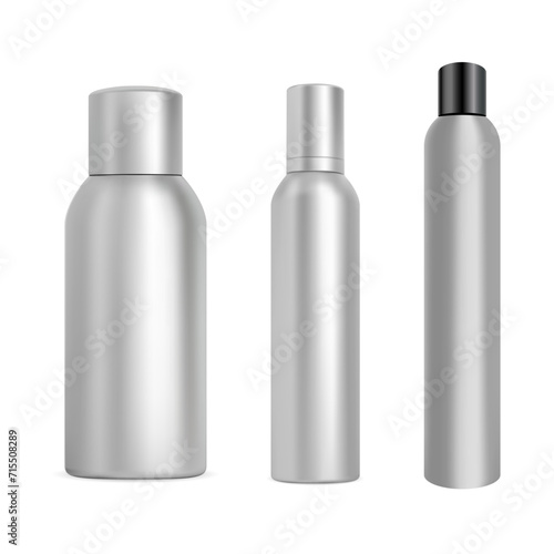 Aluminum spray tin mockup. Aerosol spray container design. Silver cylinder can, toilet freshener dispenser vector design. Realistic paint pack mockup. Air mist can, hairspray beauty product