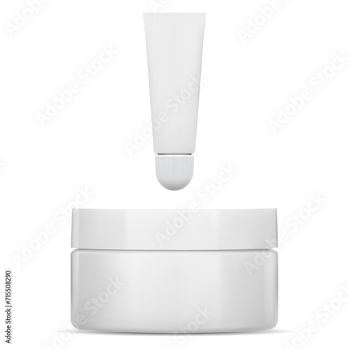 Cream jar mockup. Face cosmetic creme plastic package with lid. Round packaging design mock up for moisturizer. Lip balm tube template, clear beauty product. Body butter jar