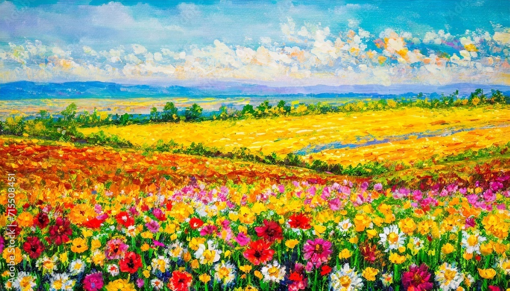 oil painting landscape colorful field of flowers abstract impressionism