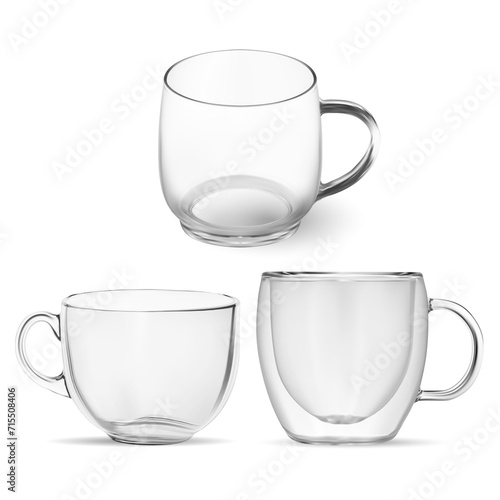 Glass tea cup mockup. Transparent double wall coffee cup, 3d vector illustration. Cappuccino or espresso mug with handle, hot drink jar set. Realistic water tumbler