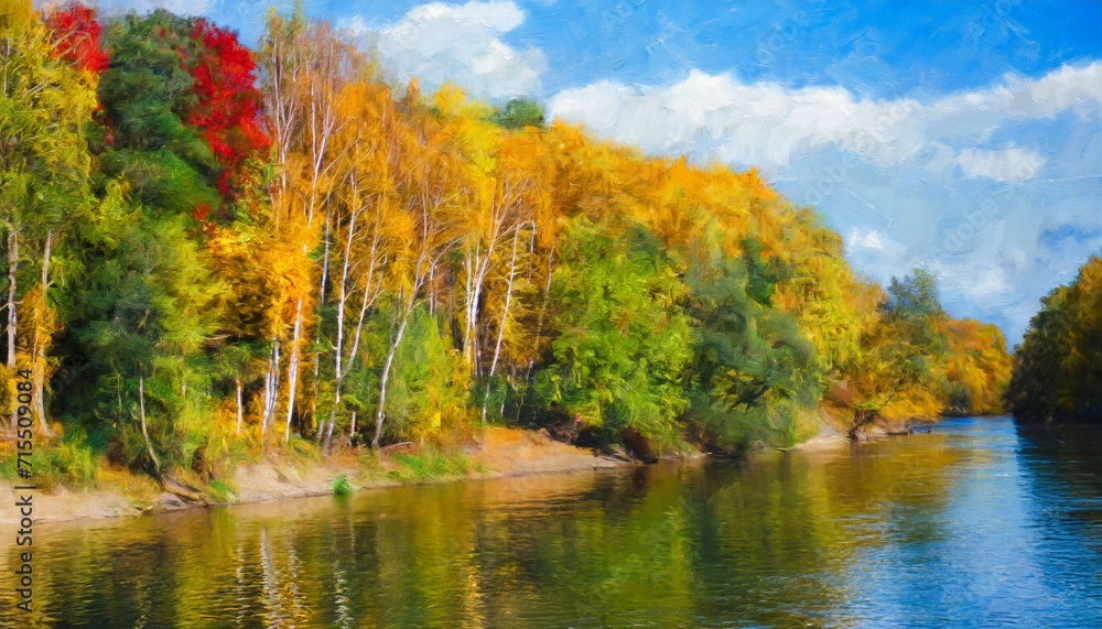 oil painting landscape autumn forest near the river colorful autumn trees