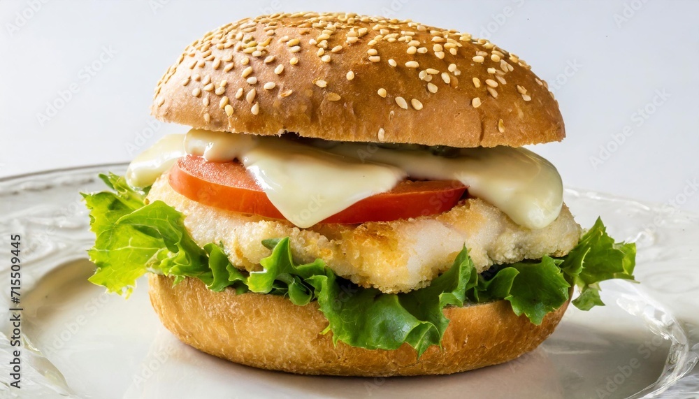 fish burger with white sauce and cheddar cheese isolated on white background fish burger with white sauce and cheddar cheese isolated on white background