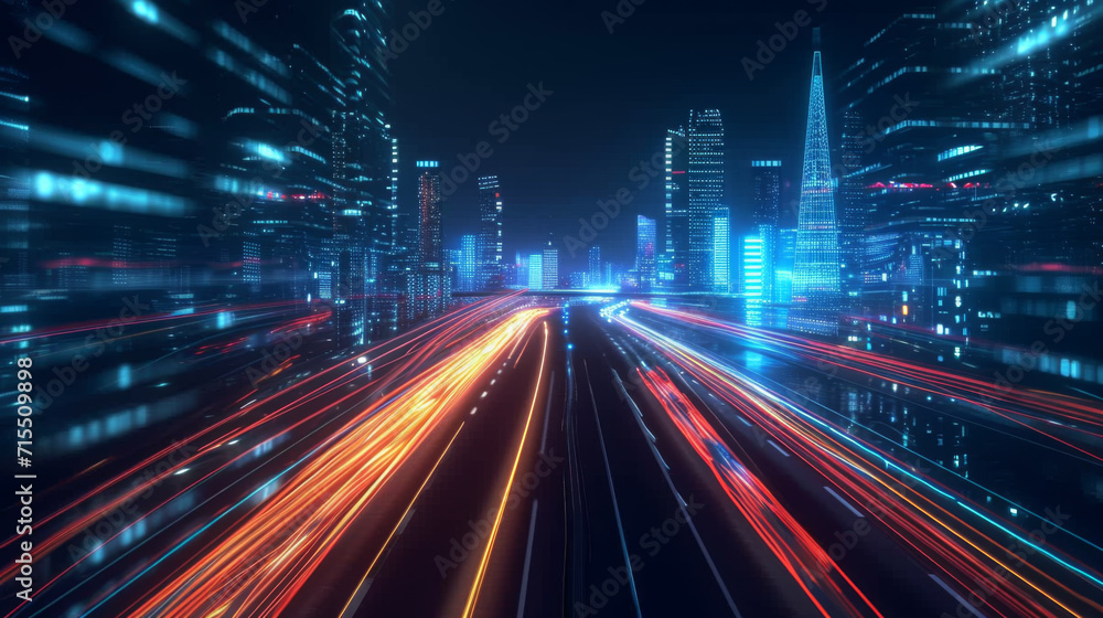 3D Rendering of trail lights from highway and light reflection from buildings in mega city at night. 