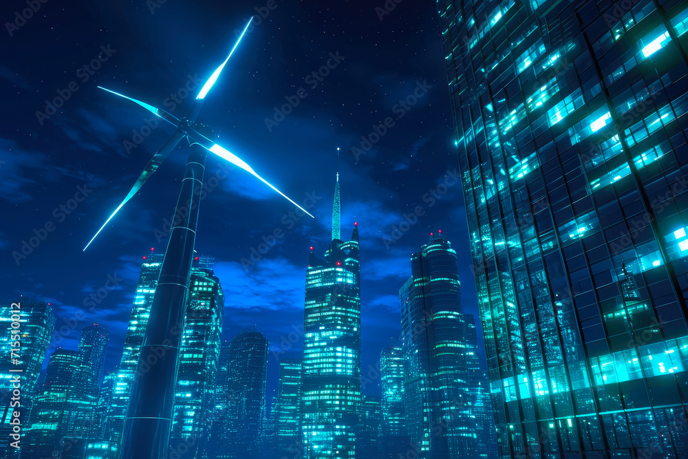 Futuristic Energy: Blue-Green Neon Turbines at Night