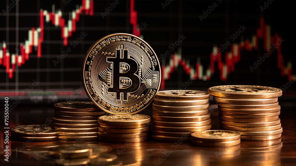 3D gold Bitcoin on price candlestick chart background. Market crash ...