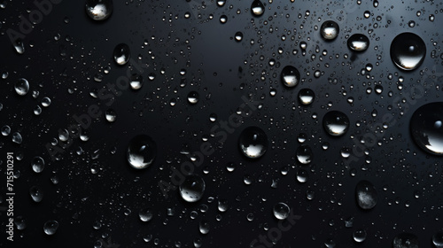 Closeup of water drops sliding on wet surface. Dark black background. Generative AI