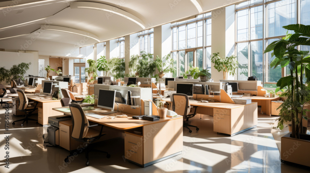 A beautiful modern spacious office hall with panoramic windows and a perspective in pleasant natural beige and brown tones. A beautiful modern spacious office hall with panoramic windows and a perspective in pleasant natural beige and brown tones.