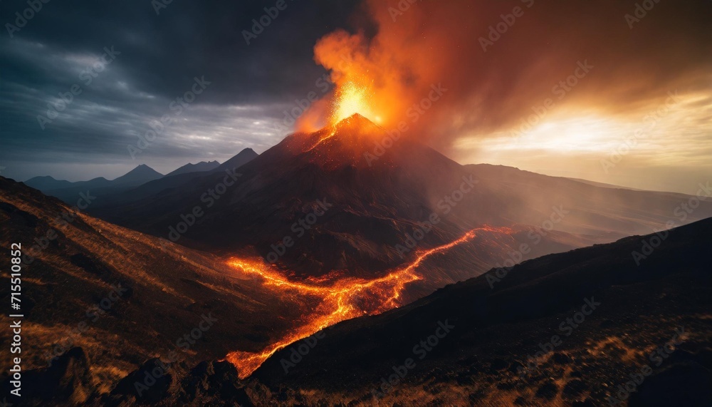 dark fantasy mountain landscape fire in the hills volcano eruption made with