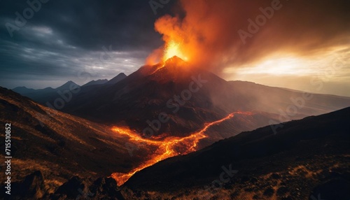 dark fantasy mountain landscape fire in the hills volcano eruption made with