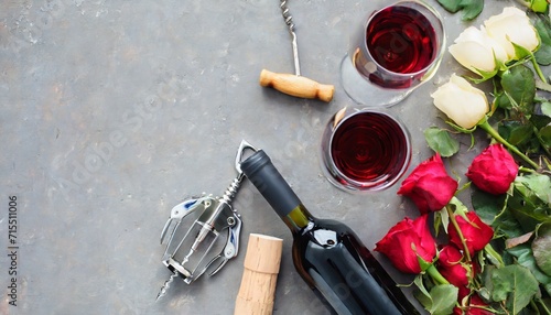 flat lay of red rose and white wine in glasses and corkscrews over grey concrete background top view horizontal composition wine bar winery wine degustation concept