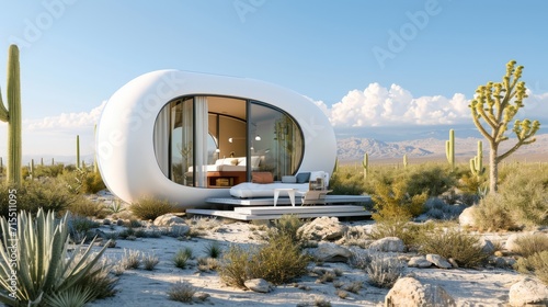 White glossy tiny house in futuristic style in desert or beach, agave, cactus, capsule round form, sunny day, stones, bright style,  photo