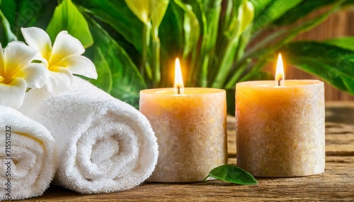 concept of spa treatment in salon with pure organic natural oil atmosphere of relax detention aromatherapy candles towel wooden background skin care body gentle treatment
