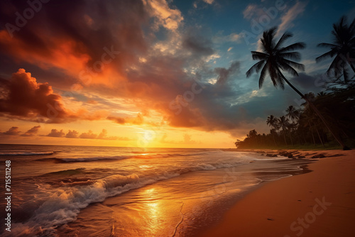 Palms on beach and sunset over sea