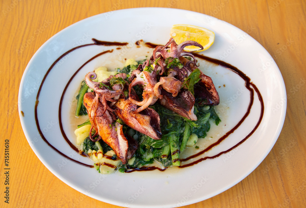 Food Plate of Grilled Calamari with Vegetables, Pula, Croatia Food Plate of Grilled Calamari with Vegetables, Pula, Croatia
