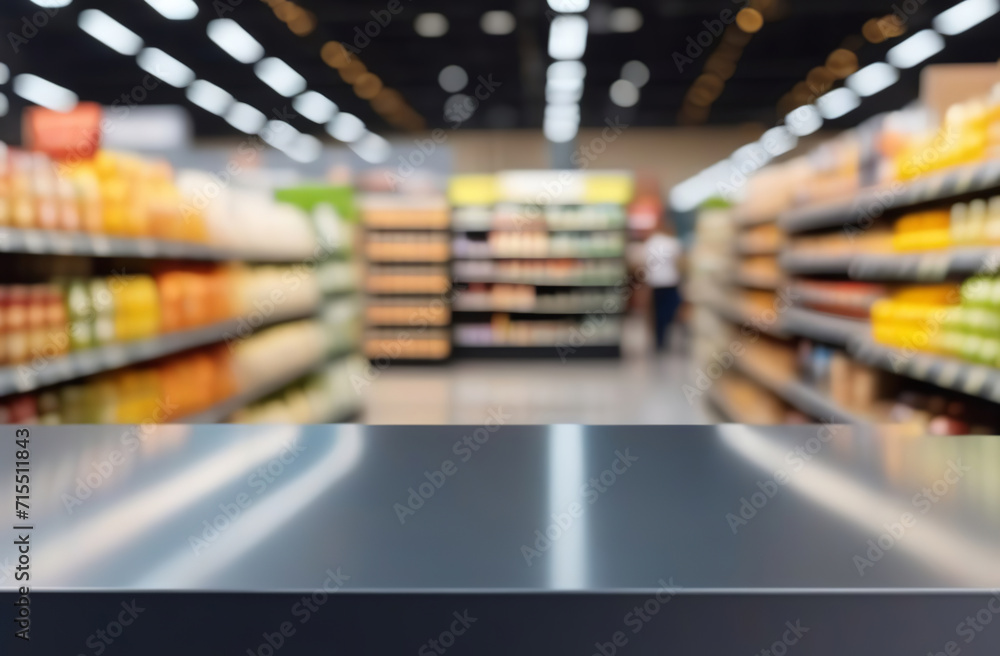Empty table top with supermarket blurred defocused panorama, bokeh light. Backdrop for display or montage products. Blank gray steel counter with blur grocery, market store background. Front view