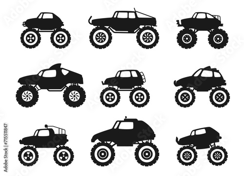 Black monster truck icons. Diesel 4x4 off road vehicle with tires, wheels and exhaust, turbo diesel truck with flat bumpers and flames. Vector isolated set