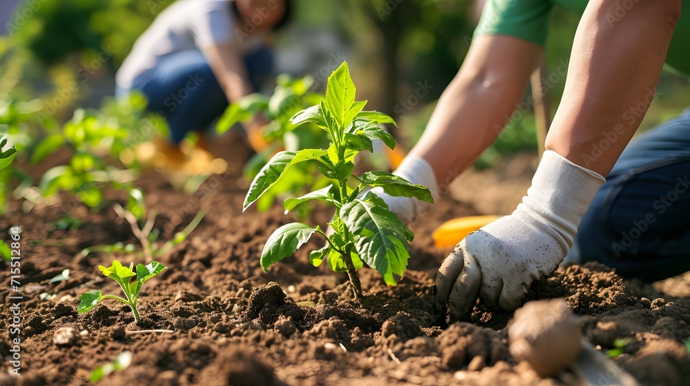 Community Members Engaged in Environmental Stewardship: Planting Trees and Cultivating a Local Garden for Sustainable Food Production and Habitat Restoration