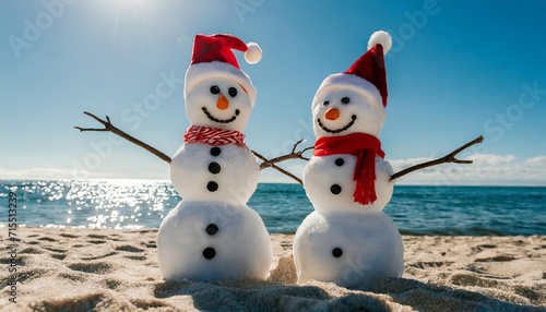 snowmans couple at sea beach in christmas hat new years holiday