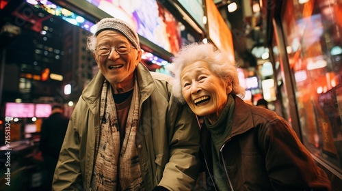 An elderly couple shares a hearty laugh, enjoying each other's company on a lively city street illuminated by neon lights.  © Pixza