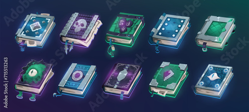 Cartoon fantasy books. Magic alchemy witchcraft Grimoire, old mystic books with glowing cover, magic esoteric story. Vector isolated set
