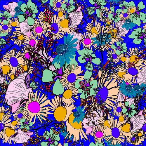 Summer seamless pattern with blue and yellow field flowers