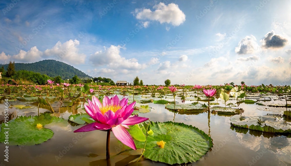 pink lotus flower on the beautiful golden pond