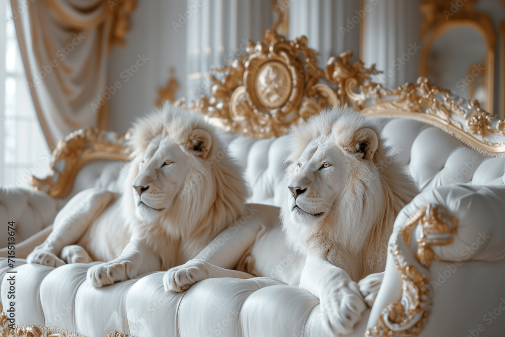Two white albino lions lying on the palace steps on the coach, rich and rare interior