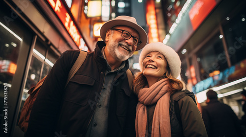 An elderly couple shares a hearty laugh, enjoying each other's company on a lively city street illuminated by neon lights. 