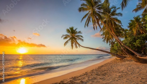 palm trees on sandy island close to ocean beautiful bright sunset on tropical paradise beach relaxing coastal landscape exotic scene closeup sea waves evening colorful sky peaceful seascape © Paris