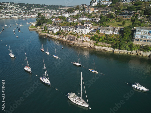 An aerial view into the mouth of the River Dart, with Kingswear nearest, towards the right, and Dartmouth in the distance, south coast of Devon, England photo