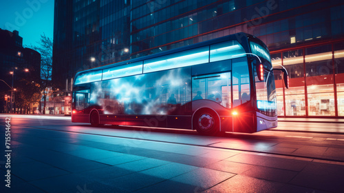A futuristic bus adorned with blue neon lights rides through the city at dusk, reflecting a high-tech, advanced public transportation system. Smart City. Eco-friendly transportation
