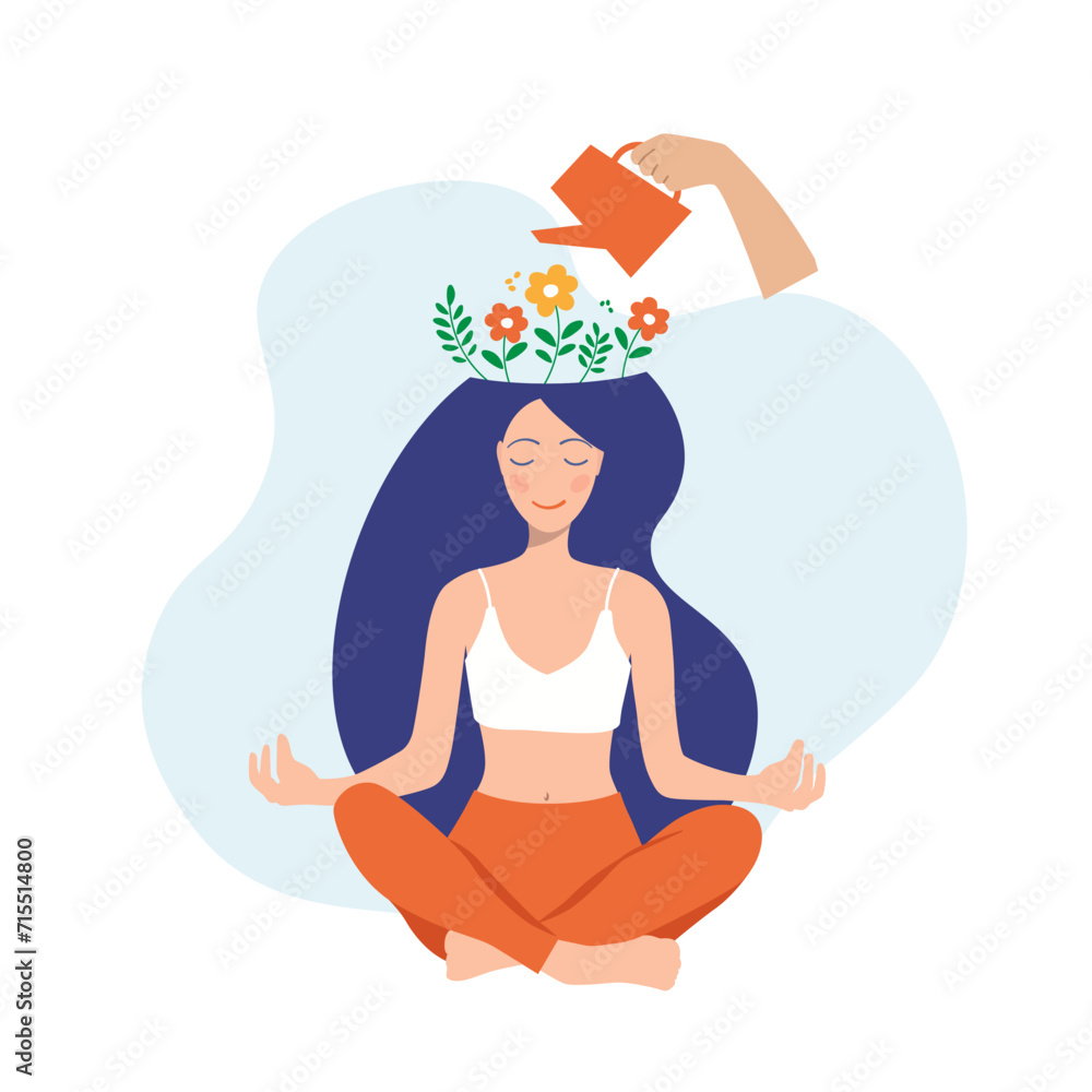 Fototapeta premium Mental health concept. The girl sits in the lotus position with flowers on her head and a watering can. Health of mind. calming meditation