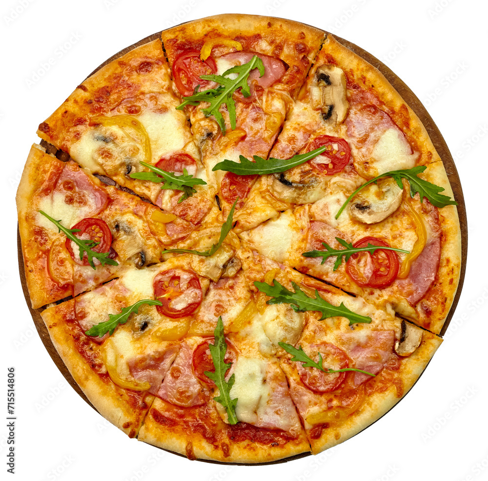 Traditional Italian pizza sliced with mozzarella cheese, mushrooms, ham, pepperoni, peppers and tomatoes on a wooden board isolated on a transparent background. Top view