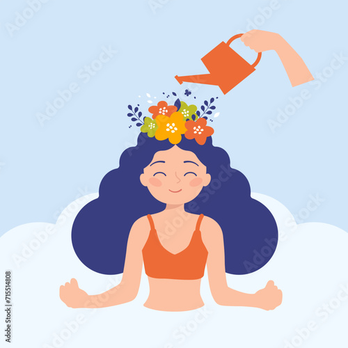 Thinking positive mindset. Girl watering flowers on her head with watering can. Conscious woman optimist. Good mood and happy character. world mental health concept. Cartoon flat vector illustration