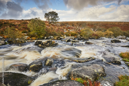 The upper River Teign in autumn, flowing across Gidleigh Common, near Chagford, Dartmoor National Park, Devon, England photo