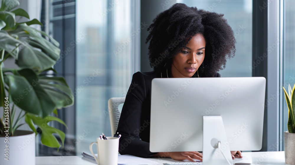 Shot of beautiful afro business woman working with laptop sitting in the office. Shot of beautiful afro business woman working with laptop sitting in the office.