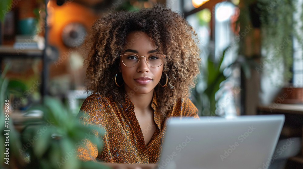 Shot of beautiful afro business woman working with laptop sitting in the office. Shot of beautiful afro business woman working with laptop sitting in the office.