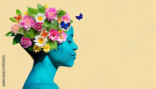 human mind with flowers and butterflies growing from a tree positive thinking creative mind self care and mental health concept © Paris