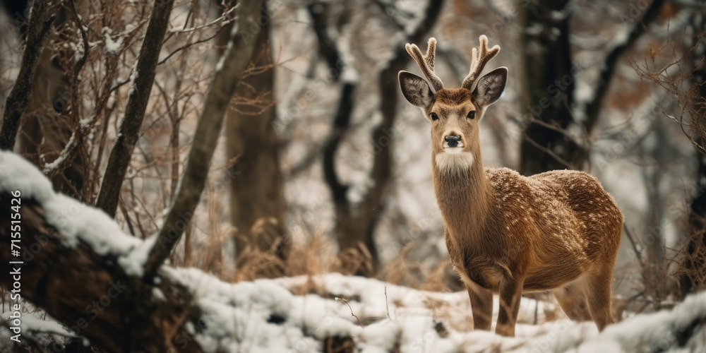 Wild Deer With Big Horns In Winter Forest Wild Deer With Big Horns In Winter Forest