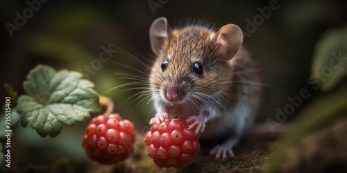Wild Grey Mouse Eating Raspberry In The Forest
