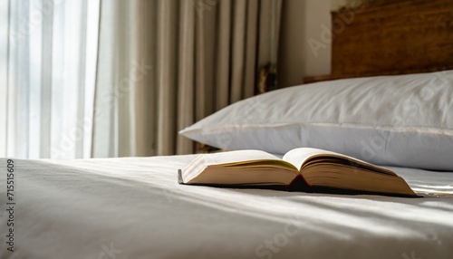 a book placed on a bed with white linen illuminated by the gentle morning light filtering through the curtains